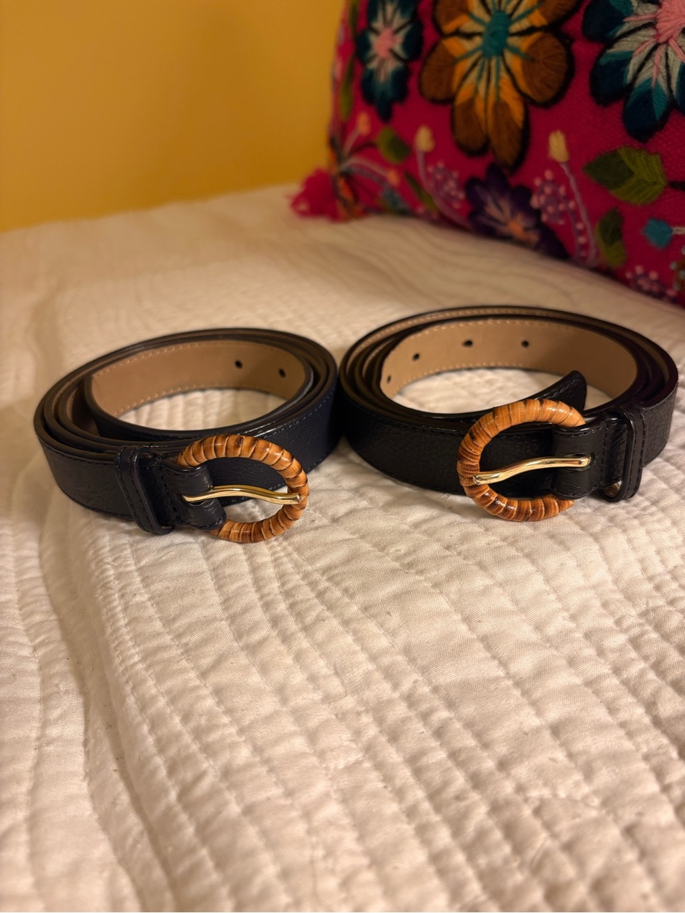 Set of womens belts 1 Black 1 navy Leather Belts with Woven Brown Ring Buckle